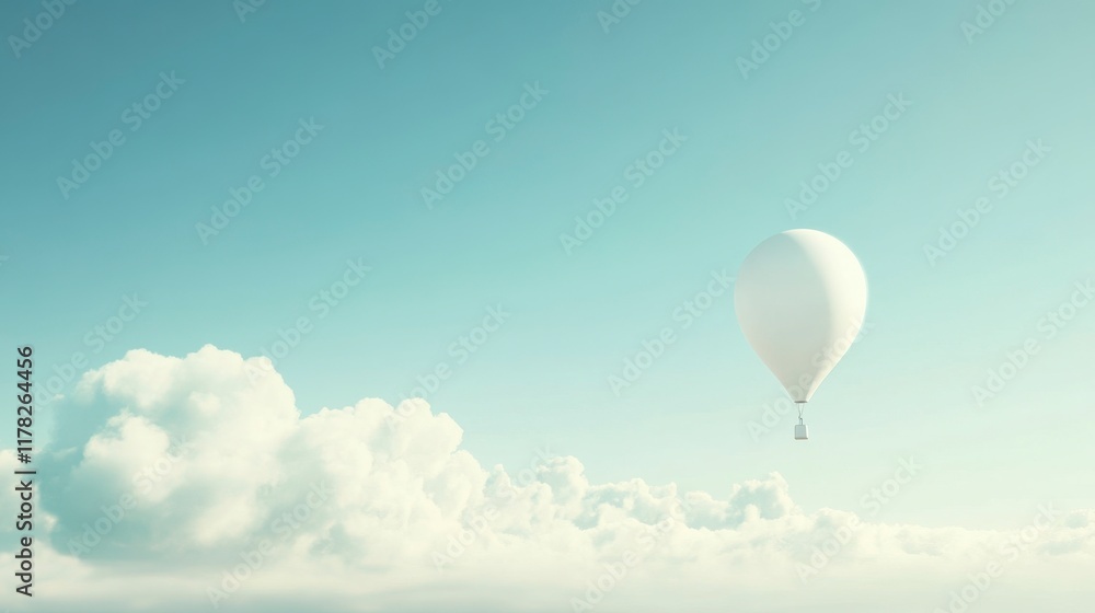 Fototapeta premium White Hot Air Balloon Soaring Above Fluffy Clouds - Peaceful Sky Scene