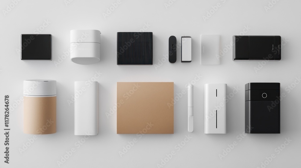 Top view of various minimalist product packaging boxes, containers and devices on white background. Top view of various minimalist product packaging boxes, containers and devices on white background.