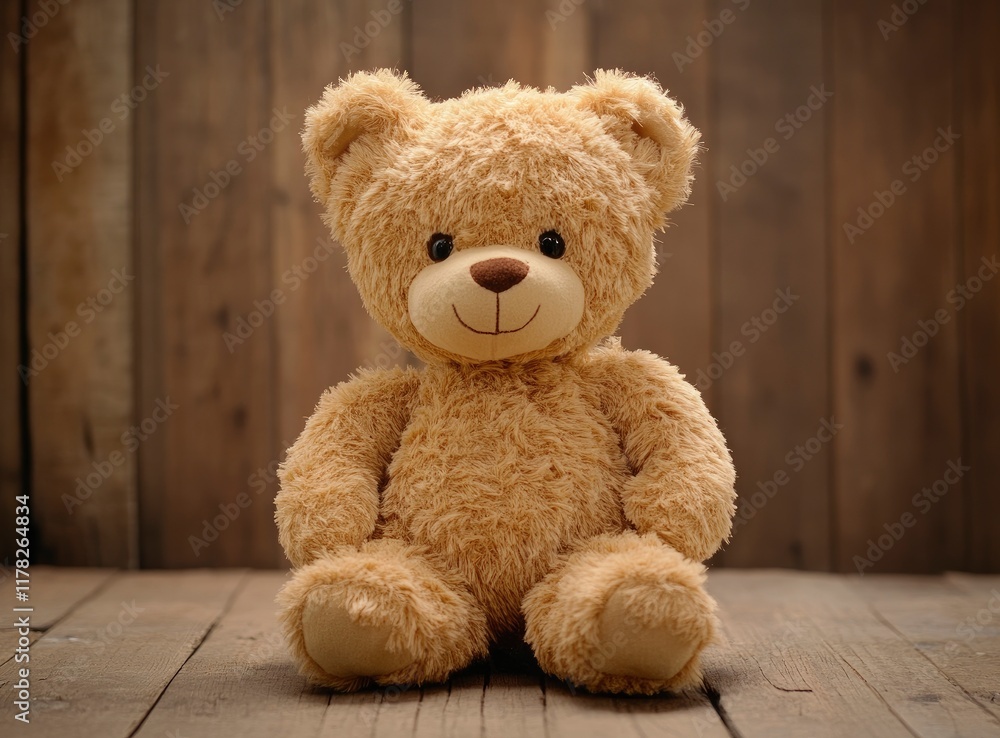 Obraz premium Cute teddy bear toy on a wooden background, front view, with copy space, studio shot, high-resolution photography. 