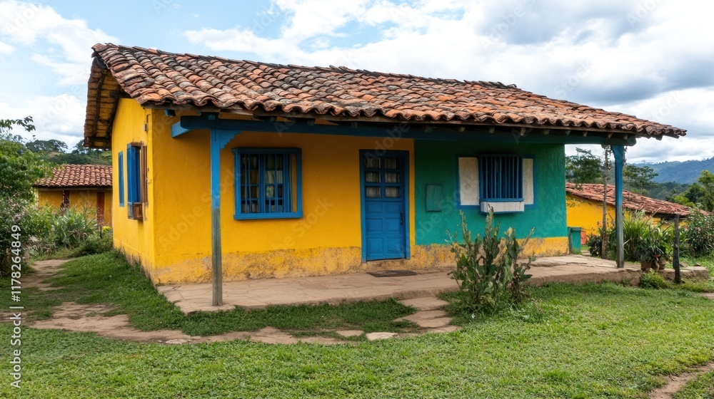 A colorful house with a tiled roof set in a green landscape. A colorful house with a tiled roof set in a green landscape.