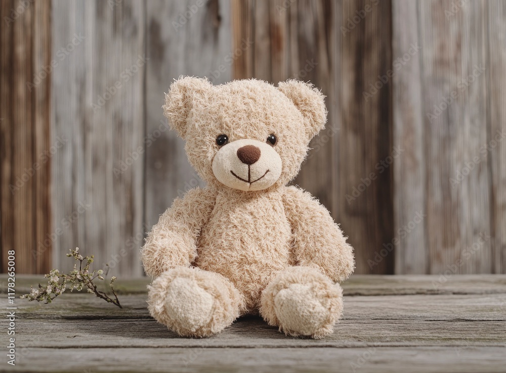 Obraz premium Cute teddy bear toy on a wooden background, front view, with copy space, studio shot, high-resolution photography.
