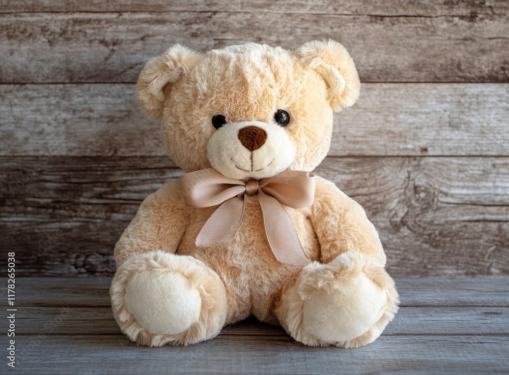 Obraz premium Cute teddy bear toy on a wooden background, front view, with copy space, studio shot, high-resolution photography.