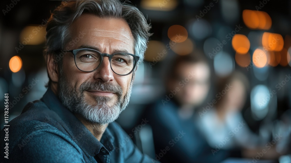 Smiling mature man with glasses in a busy cafe, perfect for business and lifestyle themes Smiling mature man with glasses in a busy cafe, perfect for business and lifestyle themes