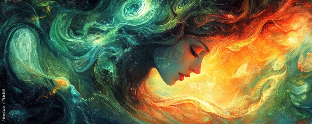 Ethereal woman surrounded by swirling colors and light Ethereal woman surrounded by swirling colors and light