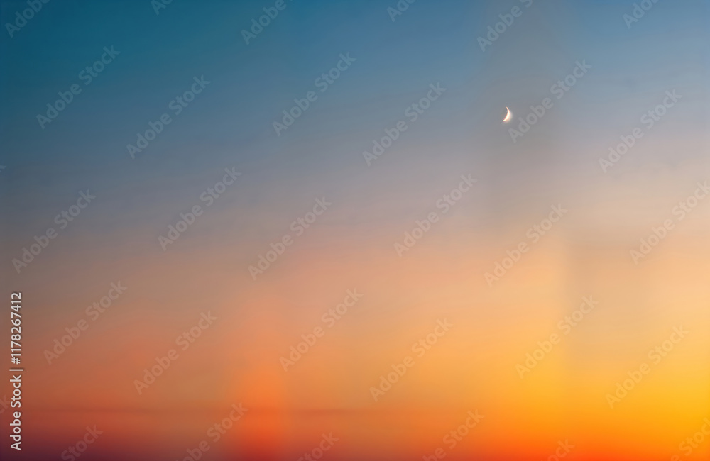 Sunset sky with crescent moon and stars. Orange and blue colors in gradient. Beautiful landscape background. Peaceful view. Natural beauty. Calm ambiance. Sunset sky with crescent moon and stars. Orange and blue colors in gradient. Beautiful landscape background. Peaceful view. Natural beauty. Calm ambiance.