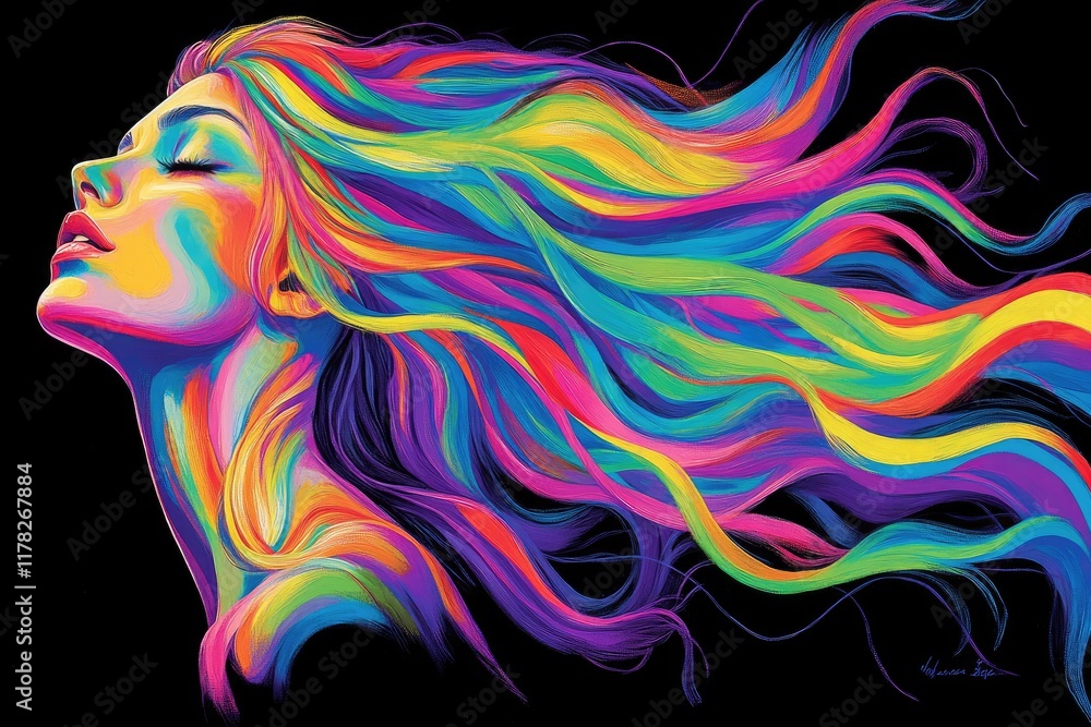 Vibrant portrait of a woman with flowing rainbow hair Vibrant portrait of a woman with flowing rainbow hair