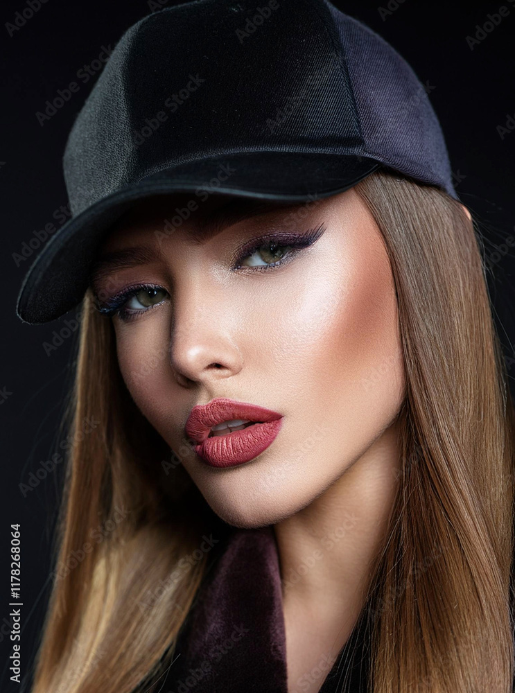 Stylish woman in black cap combined with elegant velvet coat, presents fashionable look. sensual winter portrait. Stylish woman in black cap combined with elegant velvet coat, presents fashionable look. sensual winter portrait.