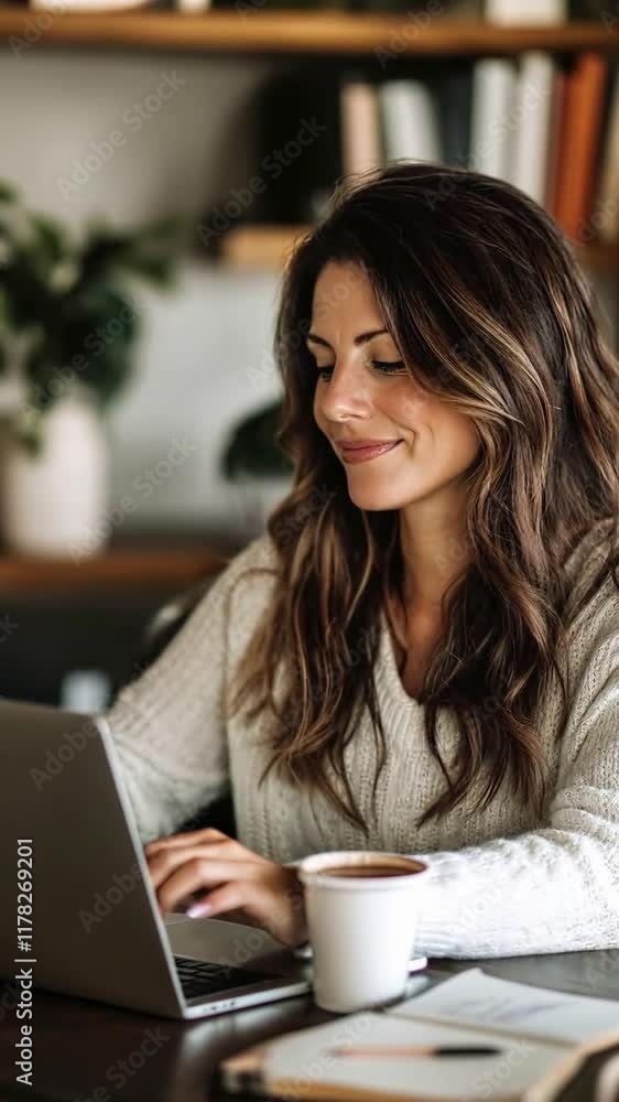 A woman enjoys her morning routine while working from home, featuring a warm ambiance, a laptop open in front of her, and a steaming cup of coffee beside her A woman enjoys her morning routine while working from home, featuring a warm ambiance, a laptop open in front of her, and a steaming cup of coffee beside her