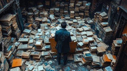 Man surrounded by stacks of old books in a library archive, researching history