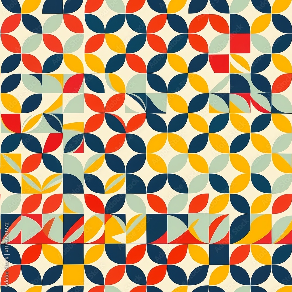 The dynamic design showcases an intricate arrangement of geometric shapes in bold colors, creating a lively and engaging visual experience The dynamic design showcases an intricate arrangement of geometric shapes in bold colors, creating a lively and engaging visual experience