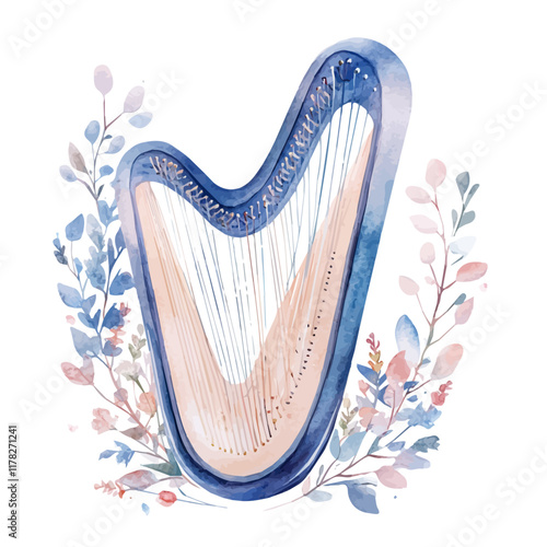 A watercolor illustration of a harp cover, isolated on a white background. Harp cover vector.
