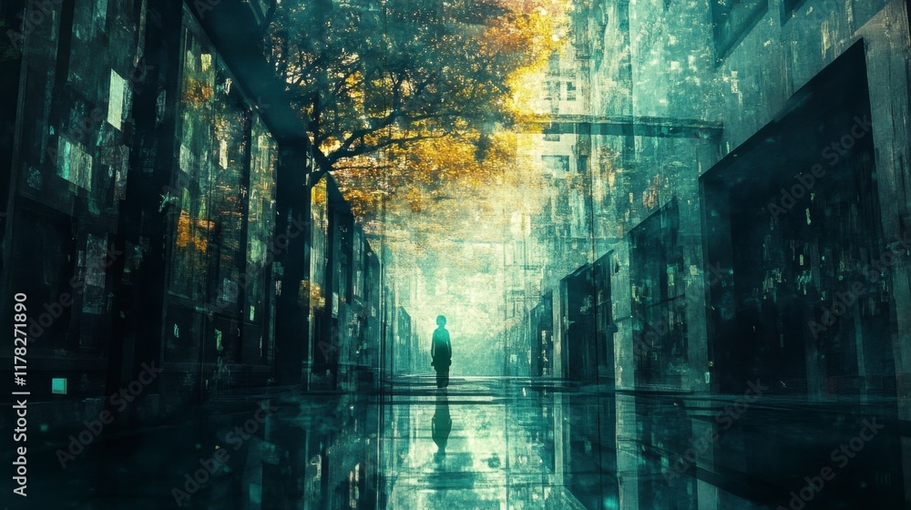 custom made wallpaper toronto digitalSolitary Figure Walking in a Cyberpunk Alleyway - Melancholy Cityscape