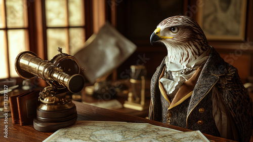 A regal hawk in a vintage 18th-century frock coat, sitting at a large oak desk cluttered with antique maps and brass telescopes, symbolizing precision and insight in business.   photo