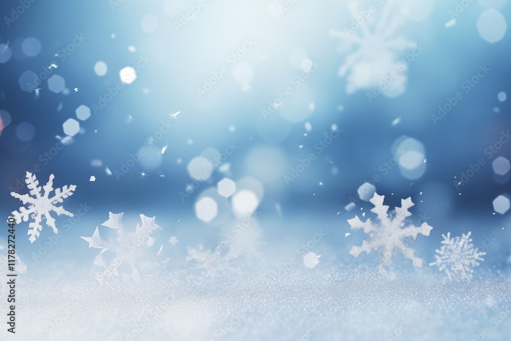 Naklejka premium a winter-themed background with falling snowflakes and bokeh lights. the soft blue and white tones create a festive, seasonal atmosphere, evoking winter, holidays, and cold weather.