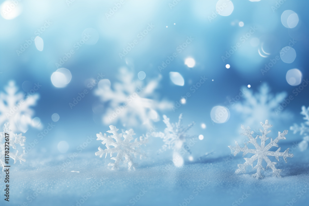 Snowflakes on Blue Winter Background | Frozen Theme, Seasonal Decoration, Bokeh Effect Snowflakes on Blue Winter Background | Frozen Theme, Seasonal Decoration, Bokeh Effect