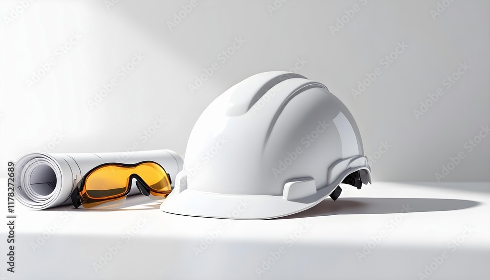 white construction helmet and yellow safety glasses on a plain background
