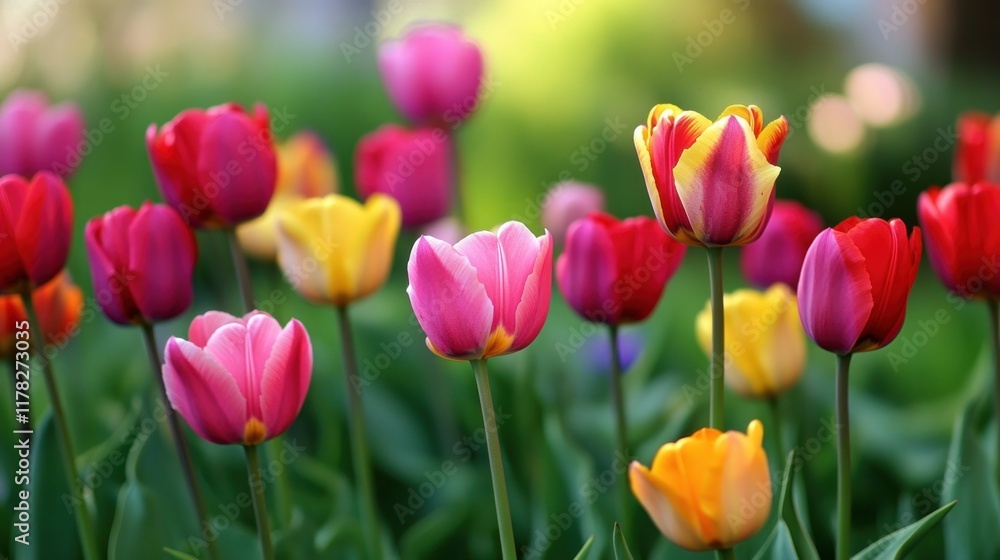 Vibrant colorful tulips blooming in a garden. Vibrant colorful tulips blooming in a garden.