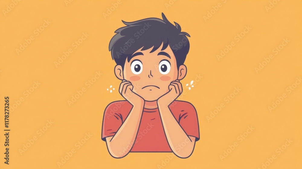 Pensive Boy in Red Shirt, Cartoon Illustration Pensive Boy in Red Shirt, Cartoon Illustration