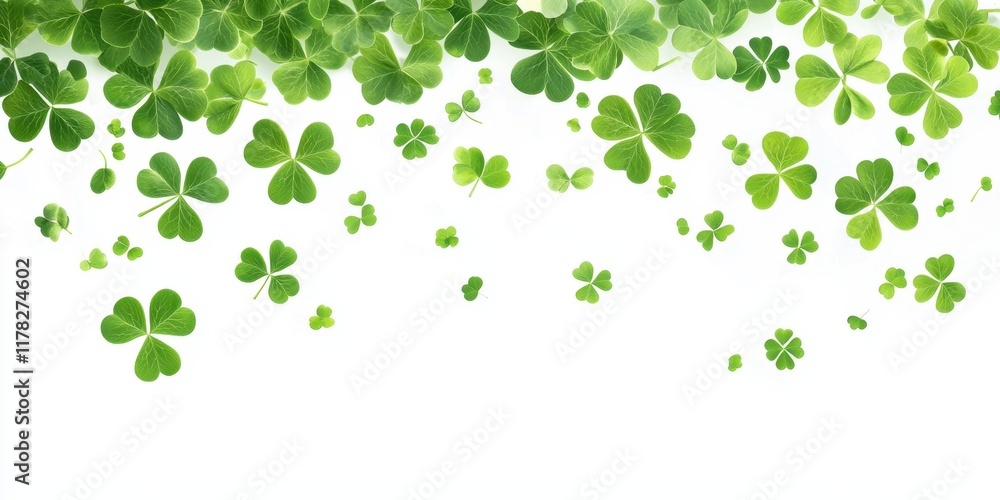 St. Patrick's Day festive clover leaves background design for card vibrant green foliage on white minimal style spring theme nature celebration concept lucky charm holiday decoration St. Patrick's Day festive clover leaves background design for card vibrant green foliage on white minimal style spring theme nature celebration concept lucky charm holiday decoration