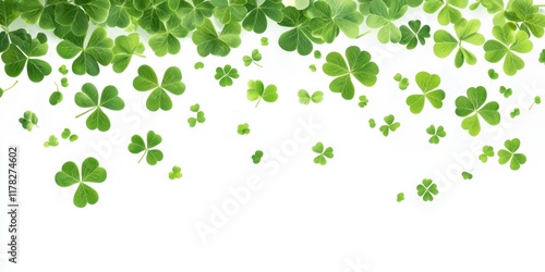 St. Patrick's Day festive clover leaves background design for card vibrant green foliage on white minimal style spring theme nature celebration concept lucky charm holiday decoration