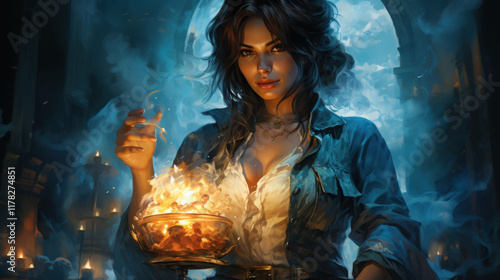 A mysterious sorceress stirs a bubbling cauldron releasing glowing blue mist, surrounded by an aura of magic and enchantment. photo