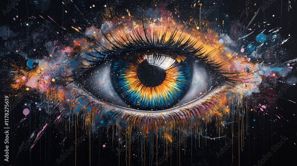 Fototapeta premium Cosmic Eye: A mesmerizing painting of a human eye engulfed in a vibrant explosion of color and cosmic dust, evoking themes of perception, imagination, and the mysteries of the universe. 