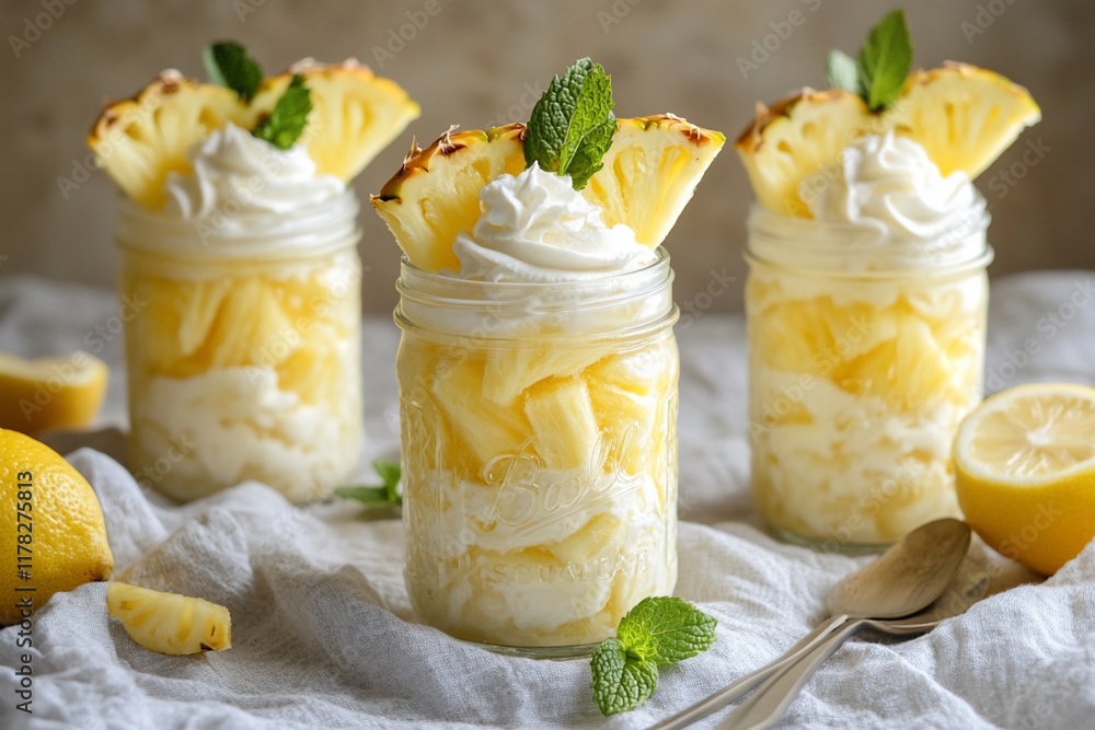 Three mason jars filled with pineapple dessert, topped with whipped cream and pineapple slices. Three mason jars filled with pineapple dessert, topped with whipped cream and pineapple slices.