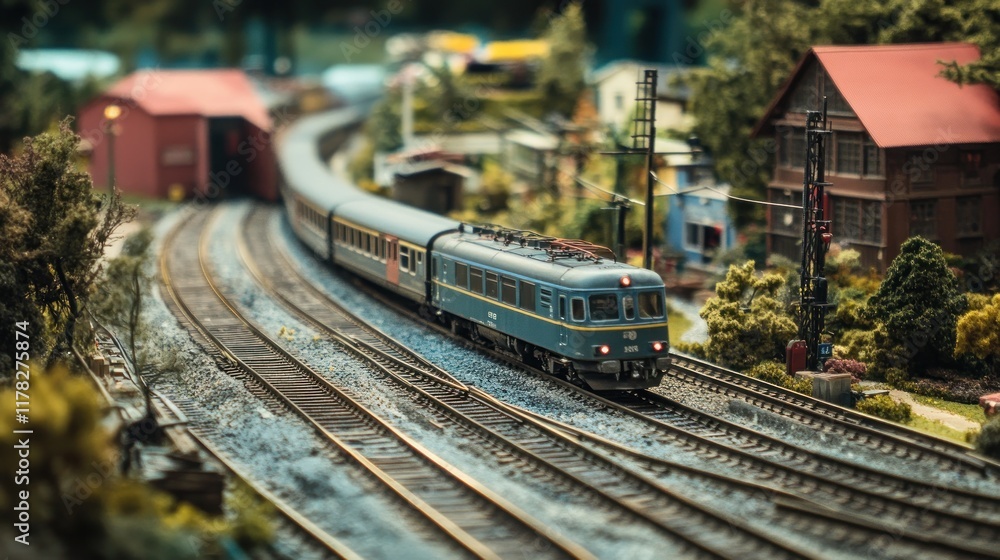 Naklejka premium Model train navigating a scenic miniature landscape.
