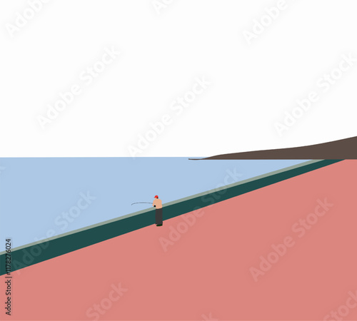 Man fishing in the sea while standing on concrete pier. Adventure outdoor, leisure activity holiday or weekend trip.	

