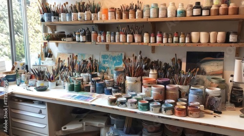 Wallpaper Mural Art studio with paint supplies and brushes. Torontodigital.ca