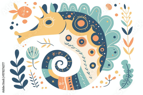 Doodle illustration of colorful seahorse surrounded by plants and fish photo