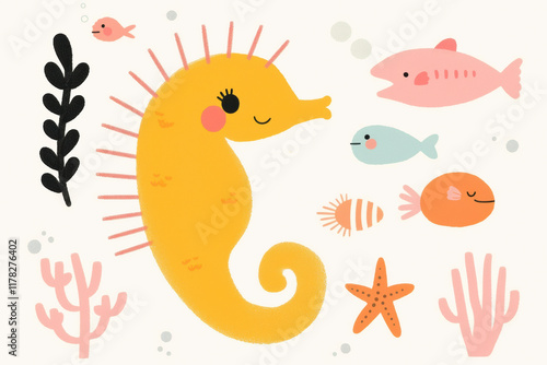 cheerful seahorse surrounded by colorful fish and coral photo