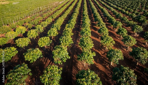 bird s eye perspective of aligned young avocado trees photo