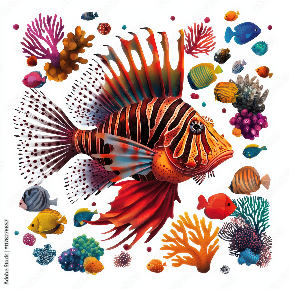 Fototapeta premium Colorful lionfish surrounded by various tropical fish and coral reefs