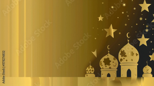 Golden Islamic Themed Background with Stars and Mosque Silhouettes