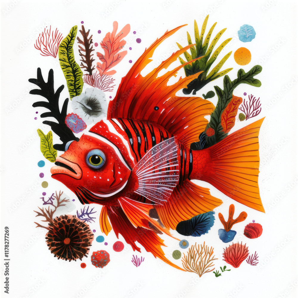 Fototapeta premium Vibrant illustration of lionfish surrounded by colorful corals and sea plants