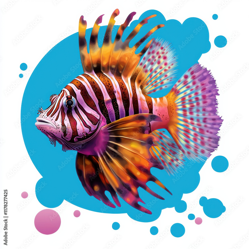 Fototapeta premium Vibrant lionfish illustration with colorful fins and striking patterns