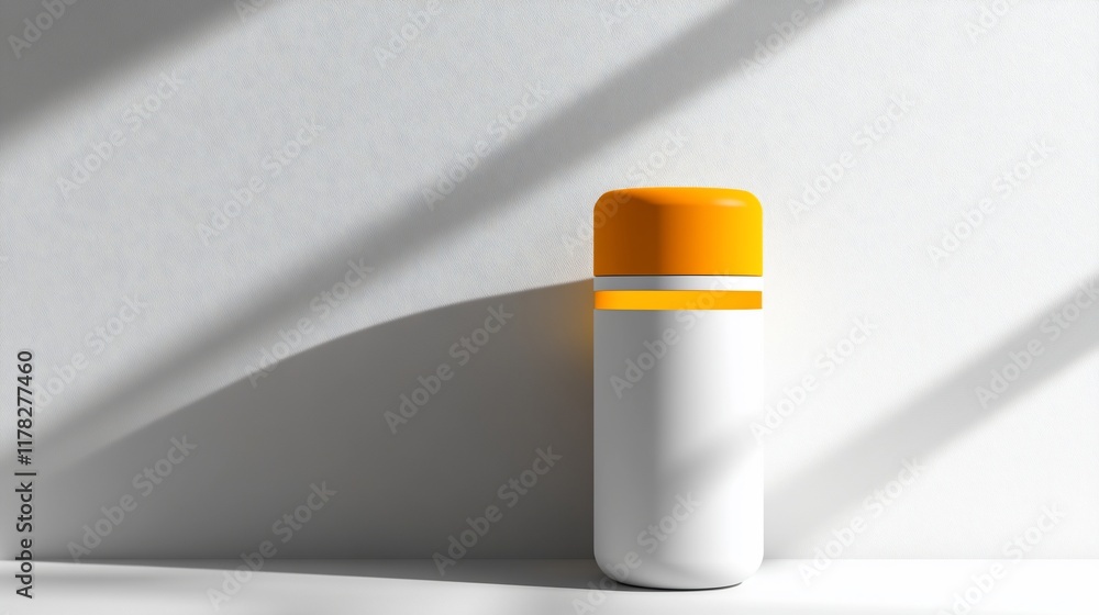 White cylindrical container with an orange lid and a thin white stripe in bright light. White cylindrical container with an orange lid and a thin white stripe in bright light.
