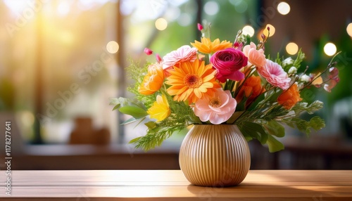 Wallpaper Mural vibrant floral bouquet in modern vase on wooden table with soft focus background Torontodigital.ca