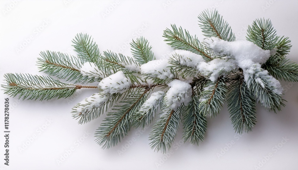 a wintry fir tree branch covered in snow standing out against a white background a wintry fir tree branch covered in snow standing out against a white background
