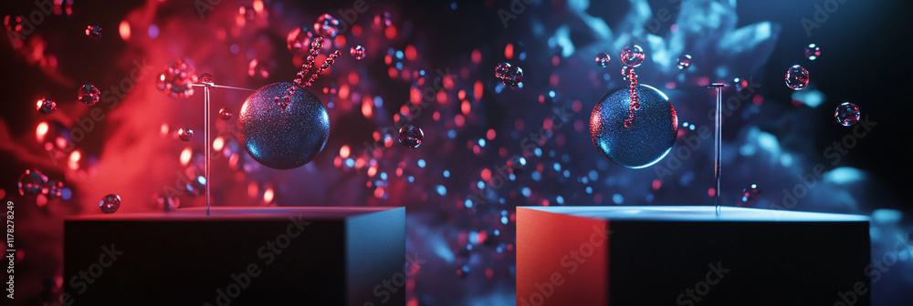 Obraz premium A scientific debate at a podium, with abstract particles and molecules swirling around the participants, symbolizing the clash of ideas in the scientific community. 