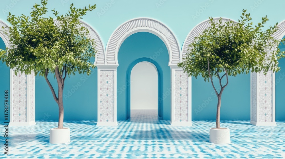 Fototapeta premium Serene architectural space with trees and arches.