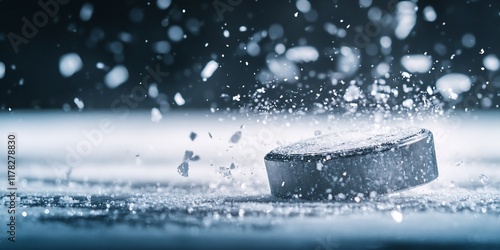 Close-up of hockey puck sliding on ice, splashing water droplets.