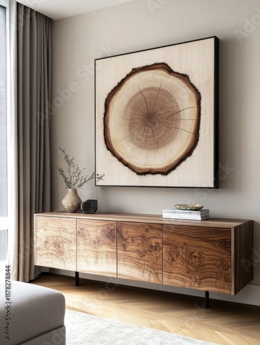 Wallpaper Mural Modern minimalist interior, large circular tree ring art, wooden credenza, white walls, geometric shapes, natural textures, neutral color palette, contemporary design, abstract wall decor, clean lines Torontodigital.ca
