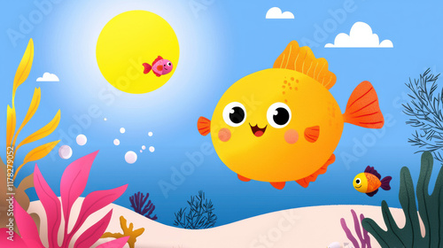 Colorful underwater scene with cheerful yellow fish and coral