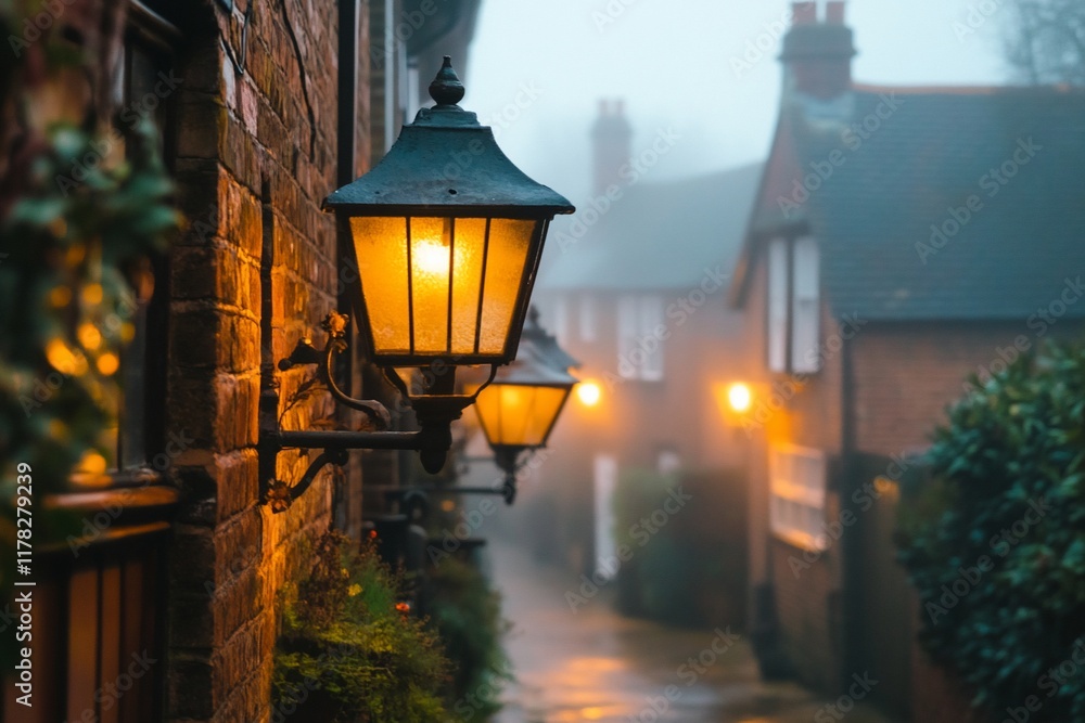 Misty village street with glowing antique wall lamps on brick buildings. Misty village street with glowing antique wall lamps on brick buildings.
