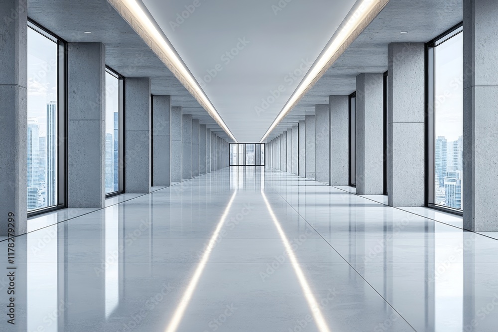 Obraz premium Modern Office Hallway with City View and Concrete Pillars