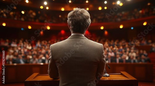 Speaker addressing large audience in auditorium from stage