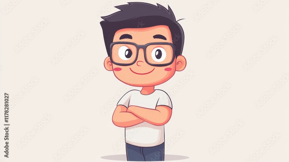 Smiling Boy with Glasses, Arms Crossed, Cartoon Character, Light Background Smiling Boy with Glasses, Arms Crossed, Cartoon Character, Light Background