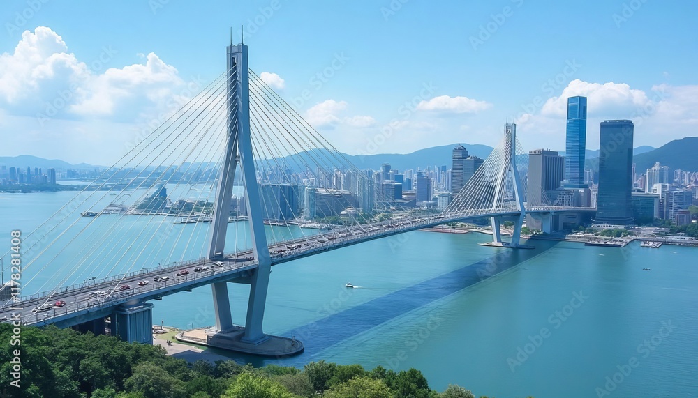 Fototapeta premium Cable bridge with cars over blue water and city skyline
